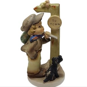 Vintage Wanderlust Boy with Bindle and Dog at Street Post RARE